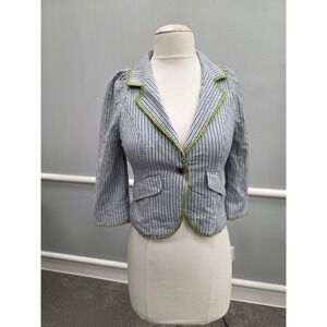 Free People Blue White Striped Seersucker Blazer Green Stitch Cropped Jacket 6